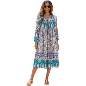 R.Vivimos | Boho Long Sleeve Floral Print Retro V Neck Tassel Midi Dress